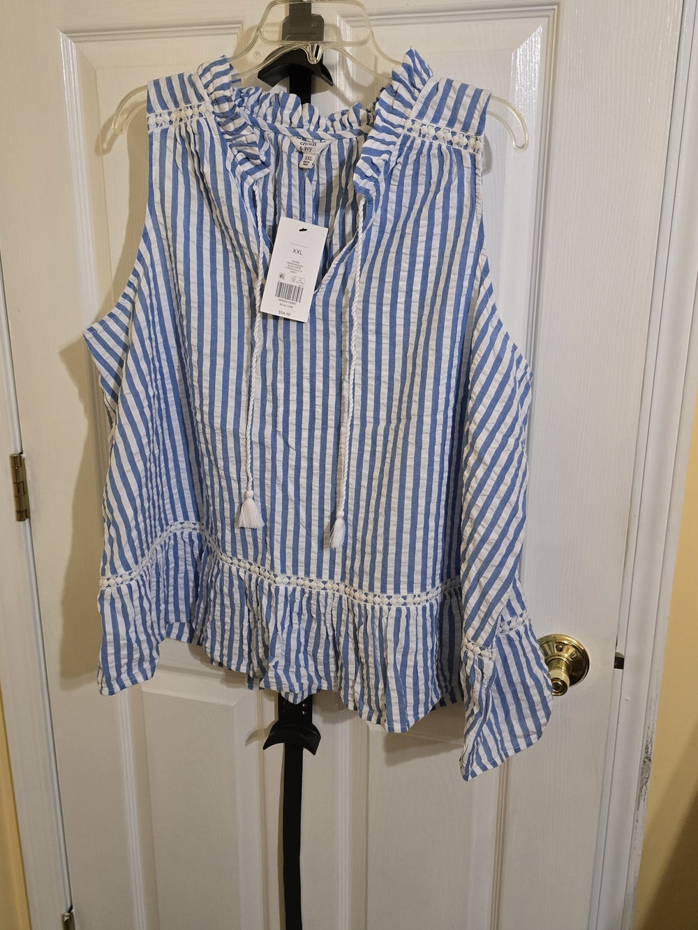 crown & ivy Blue and White Striped Ruffle Tie-Neck Sleeveless Tunic